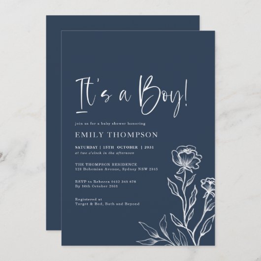 Minimalistisch Baby shower van een blauw botanisch Kaart (Voorkant / Achterkant)