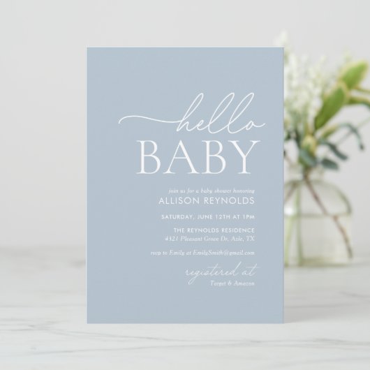 Minimalistisch Baby shower van Stusty Blue Hallo Kaart (Staand voorkant)
