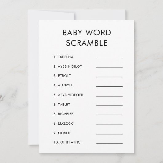 Minimalistisch Baby Word Scramble Baby shower spel Kaart (Voorkant)
