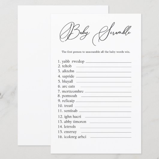 Minimalistisch Baby Word Scramble Game Gender Neut (Voorkant / Achterkant)