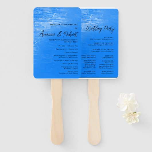 Minimalistisch Beach Azure Blue Wedding Program Handwaaier (Voorkant en achterkant)