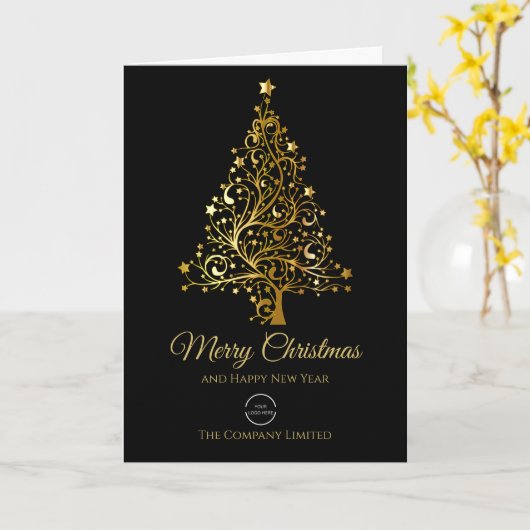 Minimalistisch Bedrijf Logo Black & Gold Christmas Kaart (Gele Bloem)