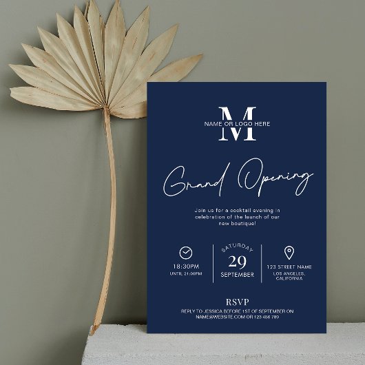 Minimalistisch bedrijf Navy Blue Grand Opening Log Kaart