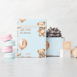Minimalistisch Beer Blue Boy Beary 1e verjaardag Cadeaupapier