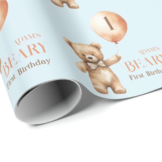Minimalistisch Beer Blue Boy Beary 1e verjaardag Cadeaupapier (Rol Hoek)