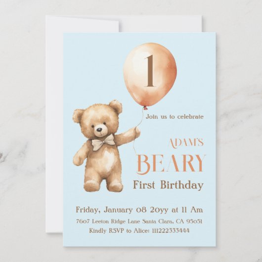 Minimalistisch Beer Blue Boy Beary 1e verjaardag Kaart (Voorkant)
