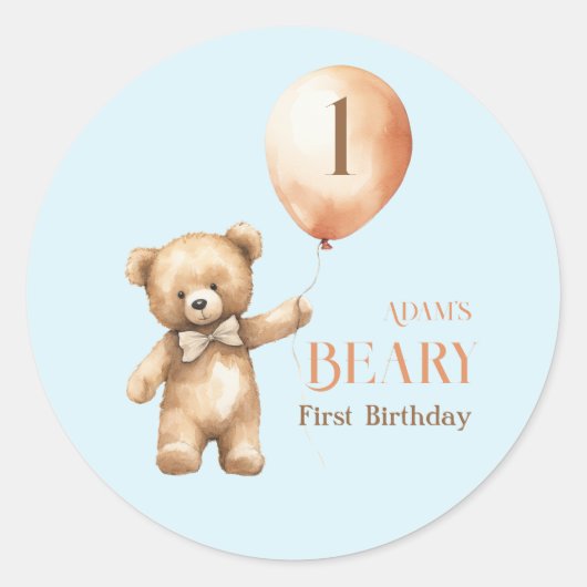 Minimalistisch Beer Blue Boy Beary 1e verjaardag Ronde Sticker (Voorkant)