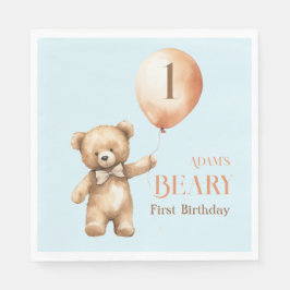 Minimalistisch Beer Blue Boy Beary 1e verjaardag Servet
