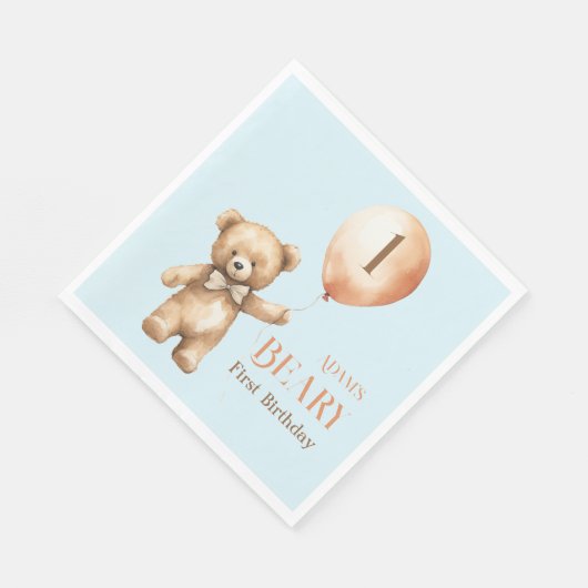 Minimalistisch Beer Blue Boy Beary 1e verjaardag Servet (Hoek)
