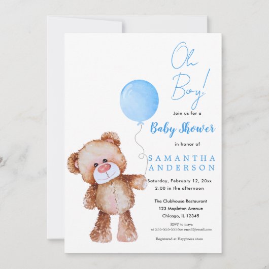 Minimalistisch Beer 'Oh Boy!' uitnodiging tot baby (Voorkant)