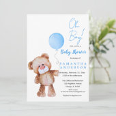 Minimalistisch Beer 'Oh Boy!' uitnodiging tot baby (Staand voorkant)