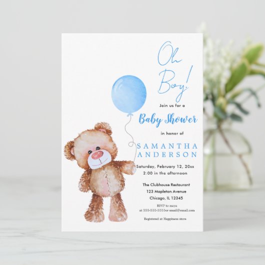 Minimalistisch Beer 'Oh Boy!' uitnodiging tot baby (Staand voorkant)