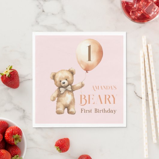 Minimalistisch Beer Roze Meisje Beary 1e Verjaarda Servet (Insitu)