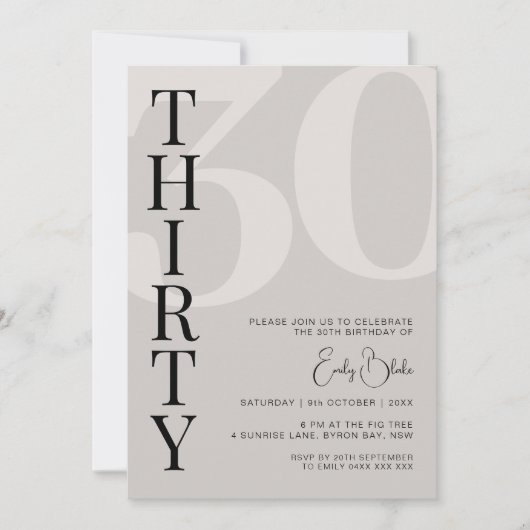 Minimalistisch Beige 30e Verjaardagsfeestuitnodigi Kaart (Voorkant)