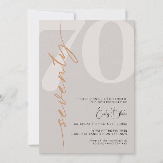 Minimalistisch Beige 70ste verjaardagsfeestje Kaart (Voorkant)