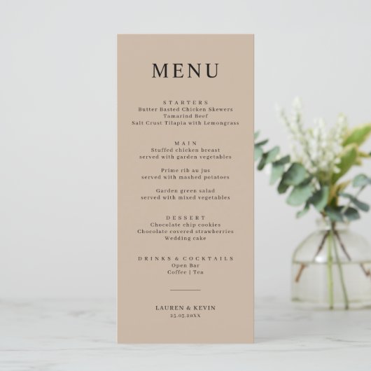 Minimalistisch Beige Eenvoudige Bruiloft Menu Kaar (Staand voorkant)