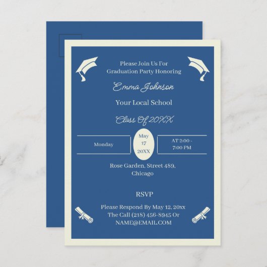 Minimalistisch beige en blauw aangepast Afstuderen Aankondigingskaart (Voorkant / Achterkant)