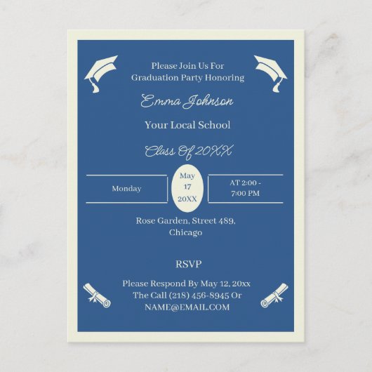 Minimalistisch beige en blauw aangepast Afstuderen Aankondigingskaart (Voorkant)