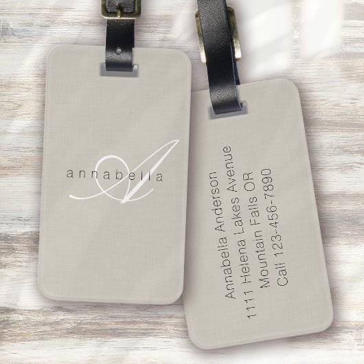 Minimalistisch Beige Linnen Monogram Script Bagagelabel