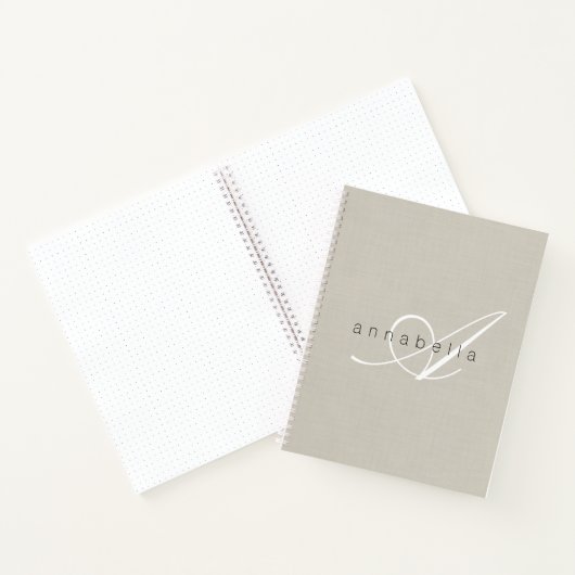 Minimalistisch Beige Linnen Monogram Script Notitieboek (Binnen)