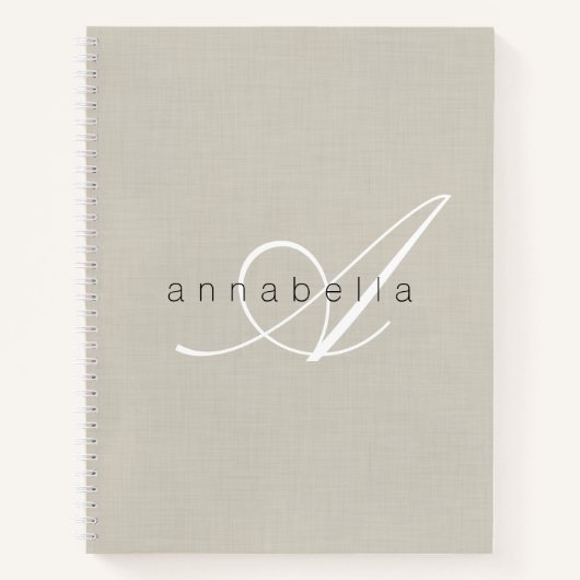 Minimalistisch Beige Linnen Monogram Script Notitieboek (Voorkant)