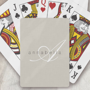 Minimalistisch Beige Linnen Monogram Script Pokerkaarten