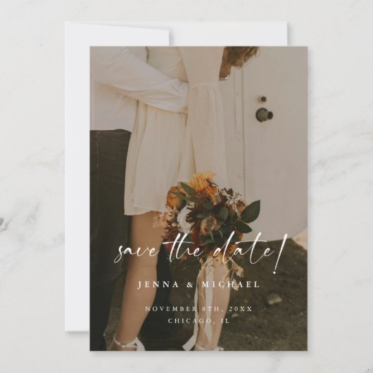 Minimalistisch Beige Script QR Code Fotobruiloft Save The Date (Voorkant)