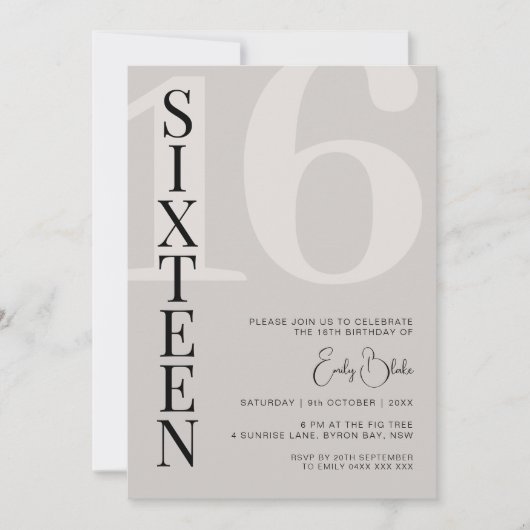 Minimalistisch Beige Zestien 16e Verjaardagsfeest Kaart (Voorkant)
