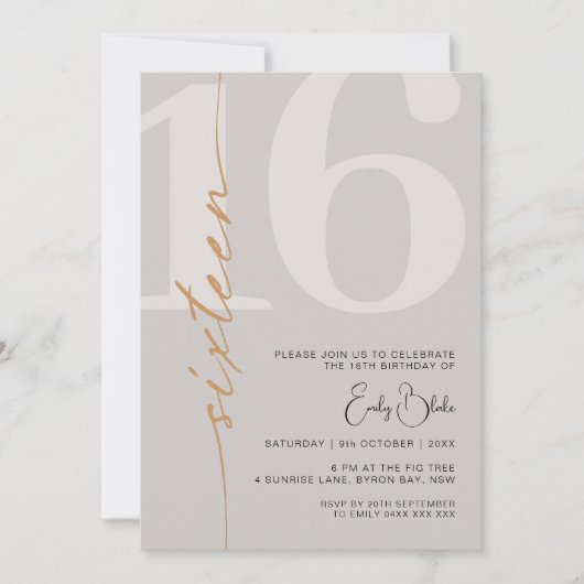 Minimalistisch Beige Zestien 16e Verjaardagsfeest Kaart (Voorkant)
