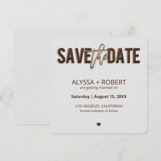 Minimalistisch bijtend hout bespaart de datumkaart save the date (Voorkant / Achterkant)