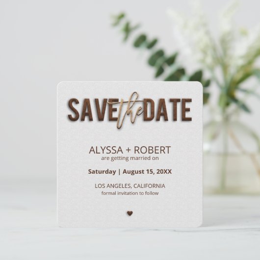 Minimalistisch bijtend hout bespaart de datumkaart save the date (Staand voorkant)