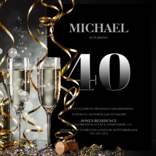 Minimalistisch Black en Silver 40th Birthday Party Kaart