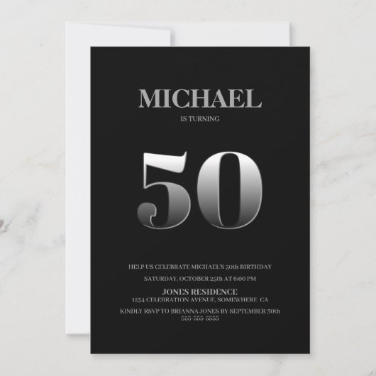 Minimalistisch Black en Silver 50th Birthday Party Kaart (Voorkant)