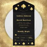 Minimalistisch Black Gold Vegas Casino Poker Weddi All In One Uitnodiging<br><div class="desc">Verrassend uw geliefden met deze moderne,  trendy uitnodiging,  met zwarte achtergrond,  gouden gradiëntelementen,  vettige typografie en aangepaste tekst. Voeg je eigen gegevens eenvoudig toe door op de optie 'personaliseren' te klikken.</div>