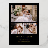 Minimalistisch Black Gold Weddenschap Vier Foto Folie Uitnodiging (Voorkant)