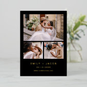 Minimalistisch Black Gold Weddenschap Vier Foto Folie Uitnodiging (Staand Voorkant)