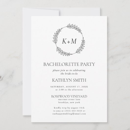 Minimalistisch blad krans monogram vrijgezellenfee kaart (Voorkant)