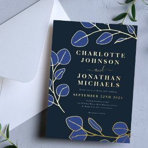 Minimalistisch blad Modern stijlvol blauw en goud Folie Uitnodiging
