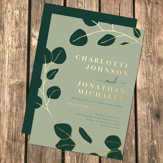 Minimalistisch blad Modern stijlvol groen en goud Folie Uitnodiging