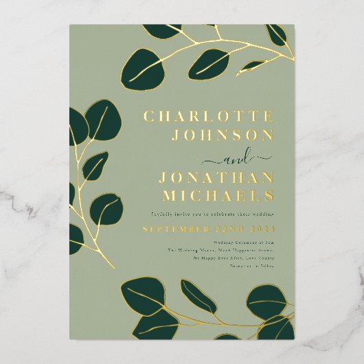 Minimalistisch blad Modern stijlvol groen en goud Folie Uitnodiging (Voorkant)