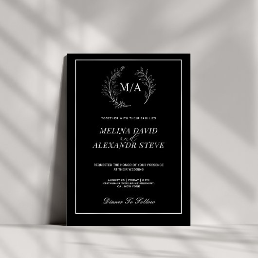Minimalistisch blad-monogram zwart-wit bruiloft kaart