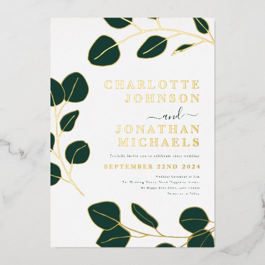 Minimalistisch blad Stijlvol donkergroen en goud Folie Uitnodiging (Voorkant)