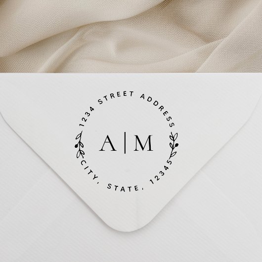Minimalistisch bladwerk koppel initials ronde adre rubberstempel