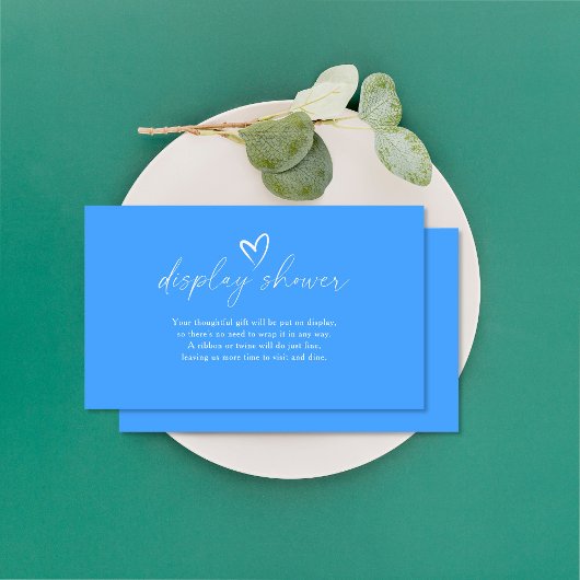 Minimalistisch blauw baby shower display douche informatiekaartje