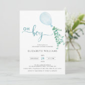 Minimalistisch blauw ballon Eucalyptus Boy Baby sh Kaart (Staand voorkant)