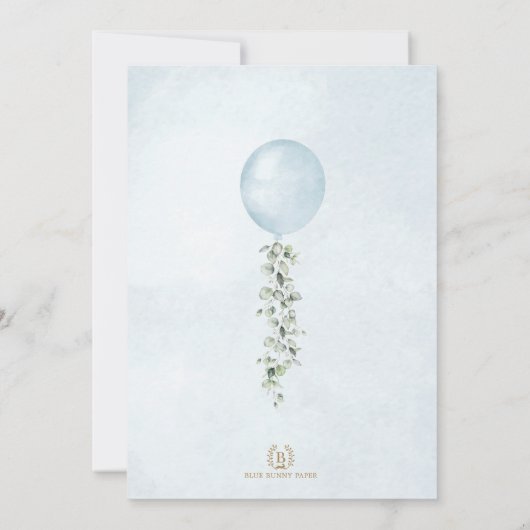 Minimalistisch blauw ballon Eucalyptus Boy Baby sh Kaart (Achterkant)