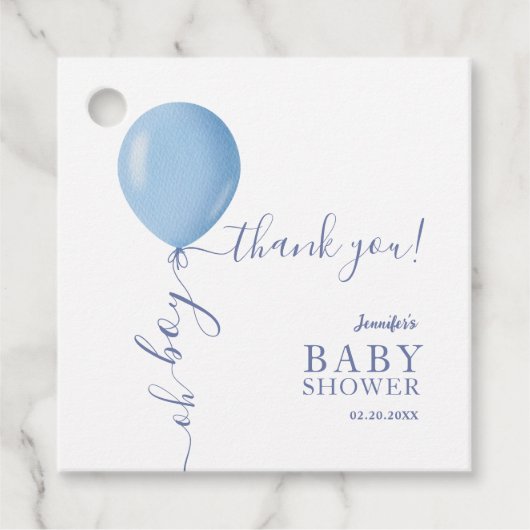 Minimalistisch blauw ballon Oh Boy Baby shower Bedankjes Labels (Voorkant)