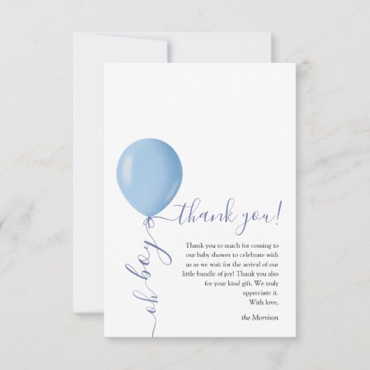 Minimalistisch blauw ballon Oh Boy Baby shower Bedankkaart (Voorkant)