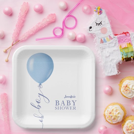 Minimalistisch blauw ballon Oh Boy Baby shower Papieren Bordje (Feest)