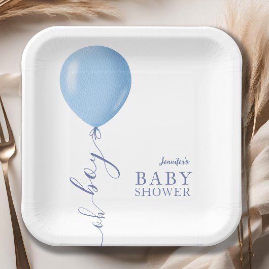 Minimalistisch blauw ballon Oh Boy Baby shower Papieren Bordje